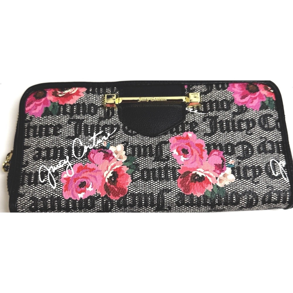 Juicy Couture Floral Zip Around Wallet Gray Pink‎ Roses Wristlet Clutch No Strap